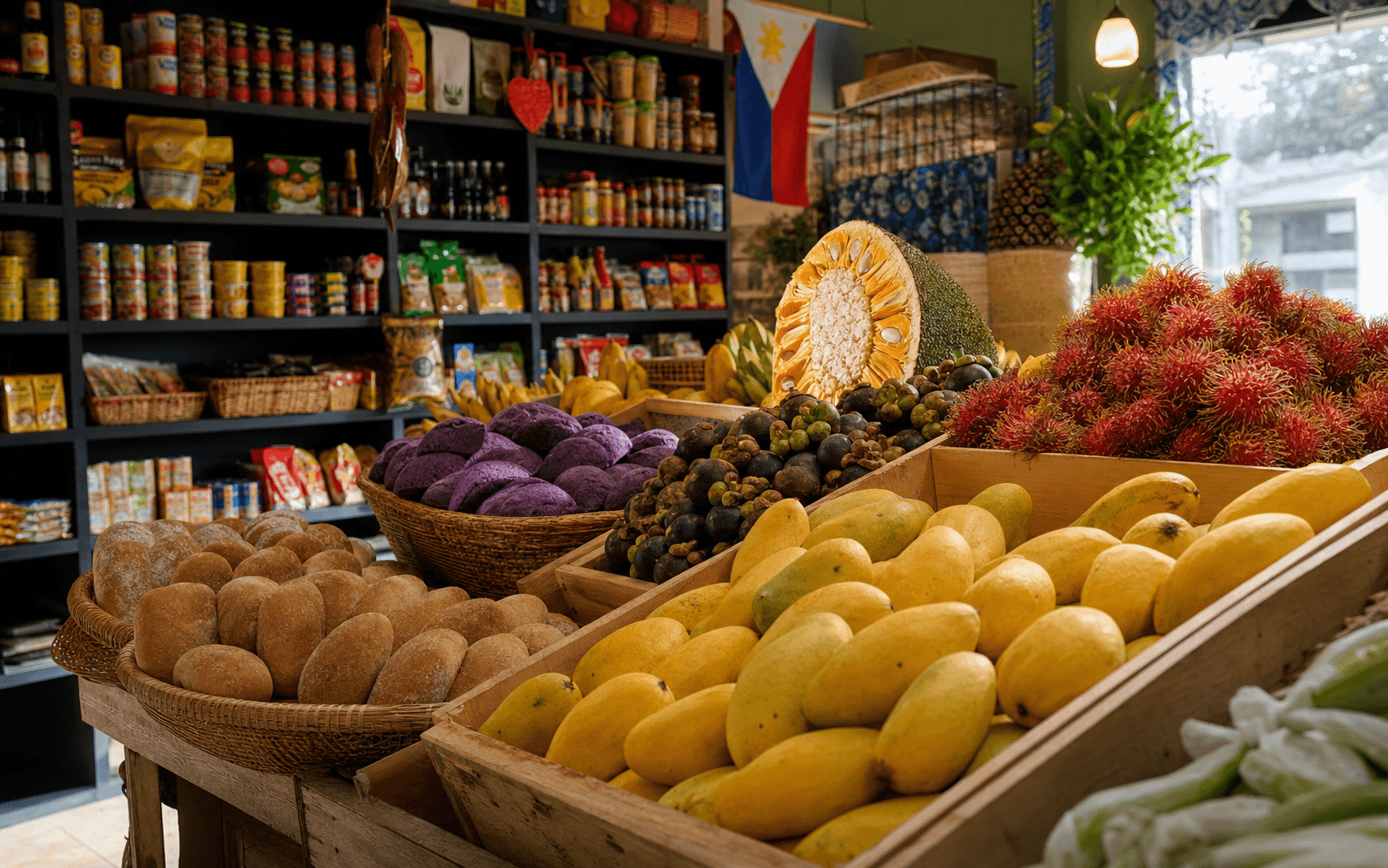 A colourful display of Filipino produce and bakery favourites